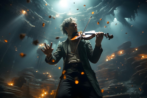 Foto grátis histórico de violinista cinematográfico