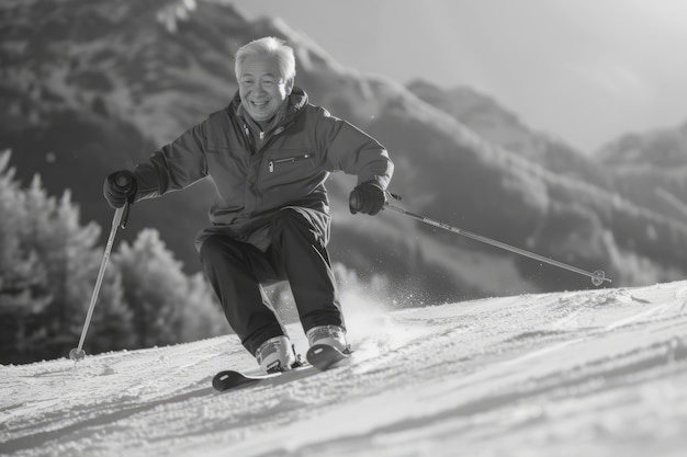 Foto grátis homem a esquiar monocromático
