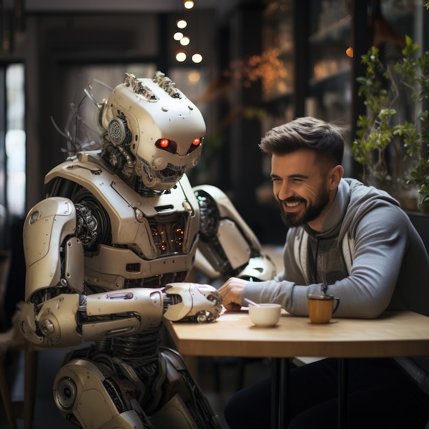 Foto grátis homem a sair com um robô.