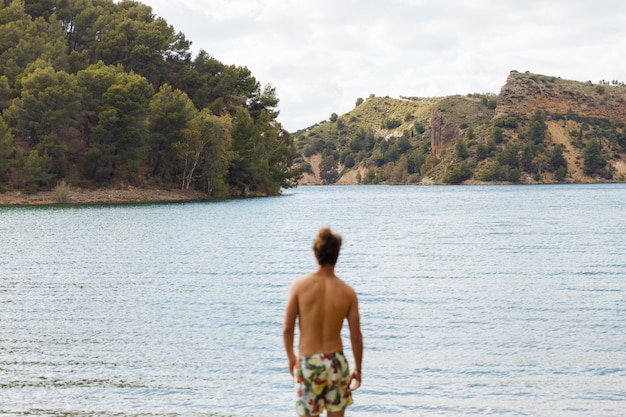 Homem, admirar, lago, vista