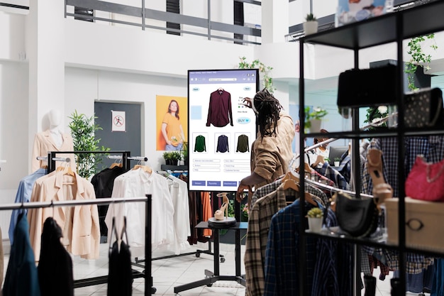 Homem afro-americano olha para roupas on-line no monitor de tela sensível ao toque na boutique de moda no shopping, quadro de autoatendimento. Cliente do sexo masculino que procura roupas e itens da moda em exibição de quiosque de varejo.