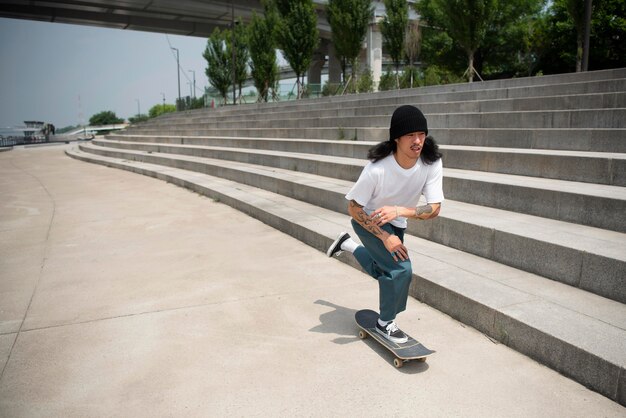 Homem asiático andando de skate na cidade ao ar livre
