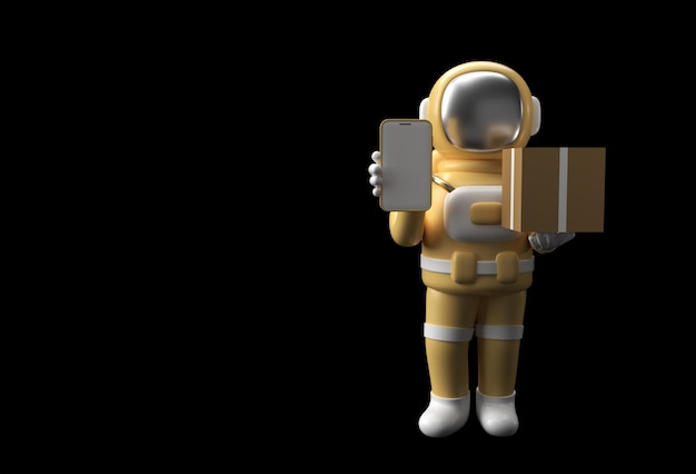 Homem astronauta de renderização 3d entregando um pacote com maquete móvel em branco 3d design de ilustração