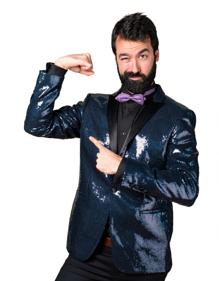 Foto grátis homem bonito com casaco de lantejoula fazendo um gesto forte