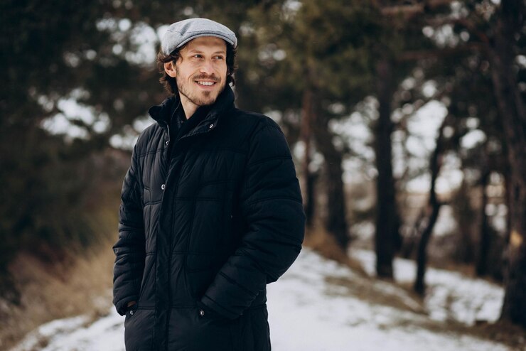 Foto grátis homem bonito de pé em um parque de inverno