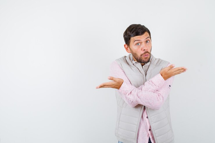 Foto grátis homem bonito em colete, camisa mostrando um gesto desamparado e parecendo chocado,