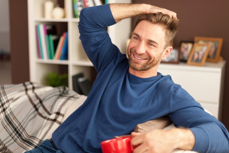 Foto grátis homem bonito relaxando com uma xícara de café em casa