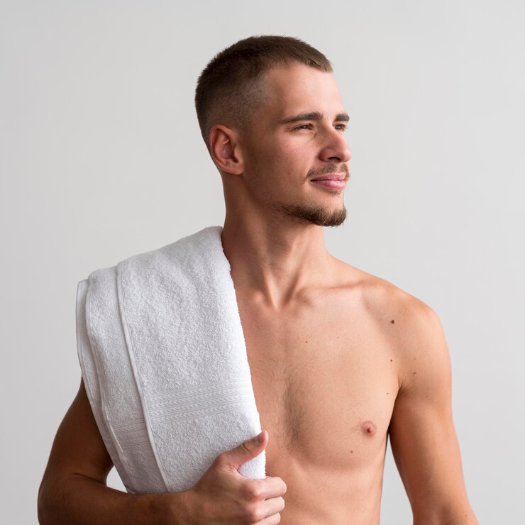 Foto grátis homem bonito sem camisa posando com uma toalha no ombro
