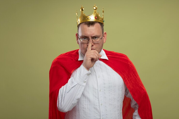Foto grátis homem carrancudo super-herói eslavo adulto com capa vermelha usando óculos e coroa fazendo gesto de silêncio isolado na parede verde oliva com espaço de cópia