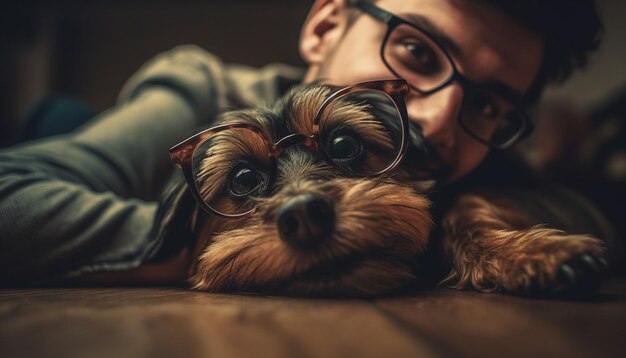 Homem caucasiano abraça cachorro terrier fofo dentro de casa gerado por IA