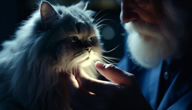 Foto grátis homem caucasiano abraçando gatinho fofo sorrindo afetuosamente generativa ia