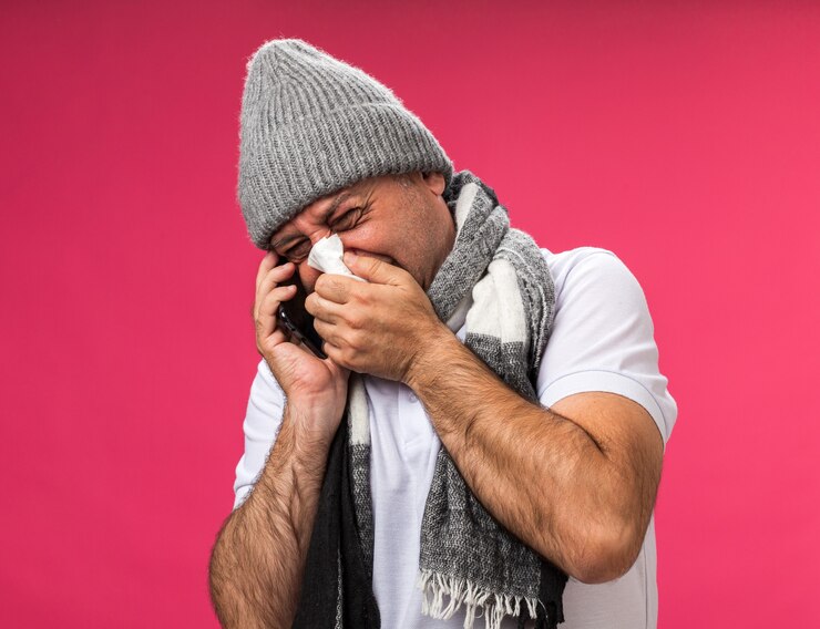 Foto grátis homem caucasiano doente adulto desagradável com lenço no pescoço e chapéu de inverno limpa o nariz com guardanapo falando no telefone isolado na parede rosa com espaço de cópia