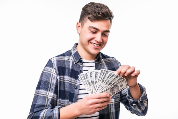 Foto grátis homem com cabelo escuro curto cound fã de notas de dólar