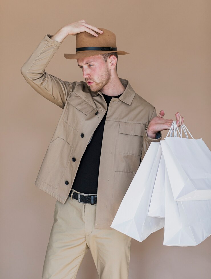Foto grátis homem com chapéu na cabeça e sacolas de compras