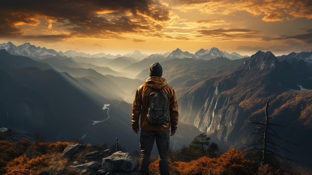 Homem com mochila em pé no topo da montanha e olhando o pôr do sol