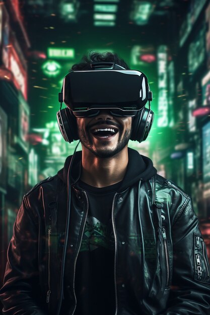 Homem com óculos VR experimentando o metaverso