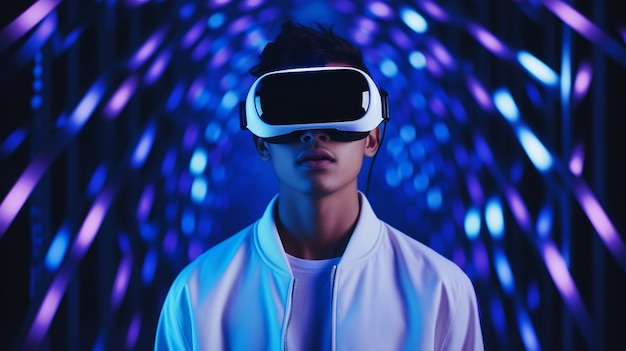 Homem com óculos VR experimentando o metaverso