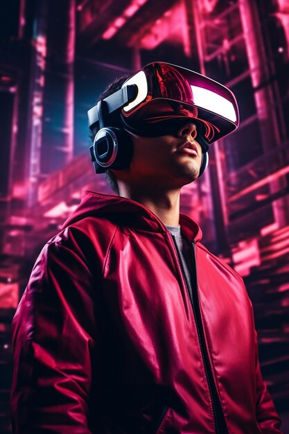 Homem com óculos VR experimentando o metaverso