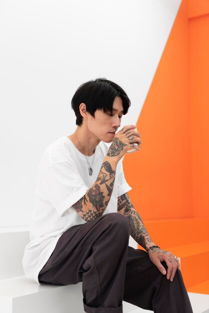 Homem com tatuagens tomando café em um café