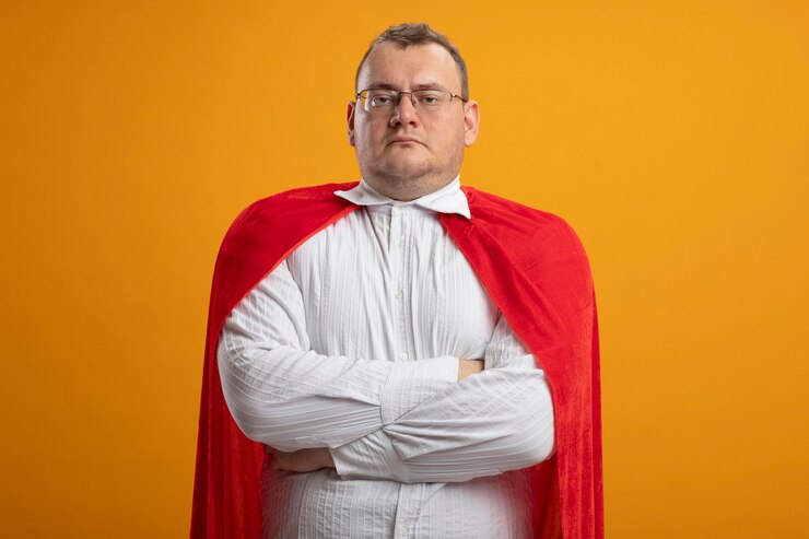 Foto grátis homem confiante super-herói eslavo adulto com capa vermelha e óculos em pé com postura fechada, isolado em uma parede laranja com espaço de cópia
