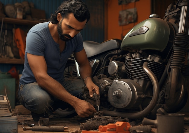 Foto grátis homem consertando sua motocicleta