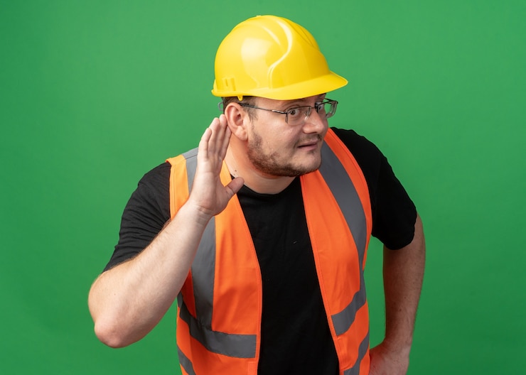 Foto grátis homem construtor com colete de construção e capacete de segurança segurando a mão na orelha, tentando ouvir, parecendo intrigado