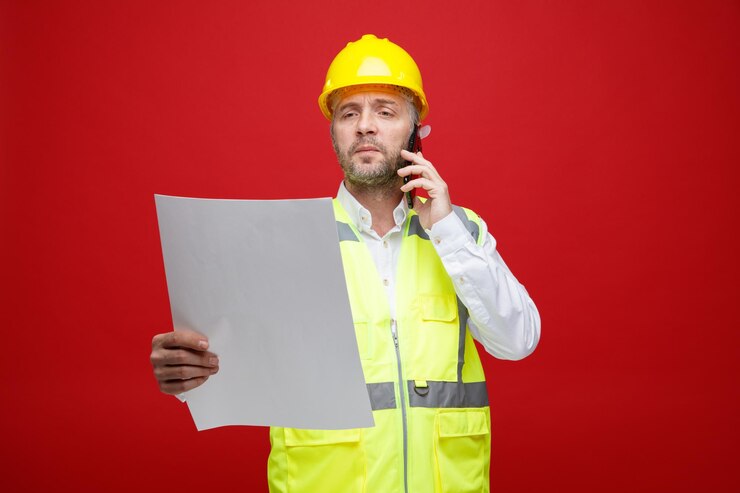Foto grátis homem construtor em uniforme de construção e capacete de segurança segurando um plano olhando para ele com cara séria falando no celular sobre fundo vermelho