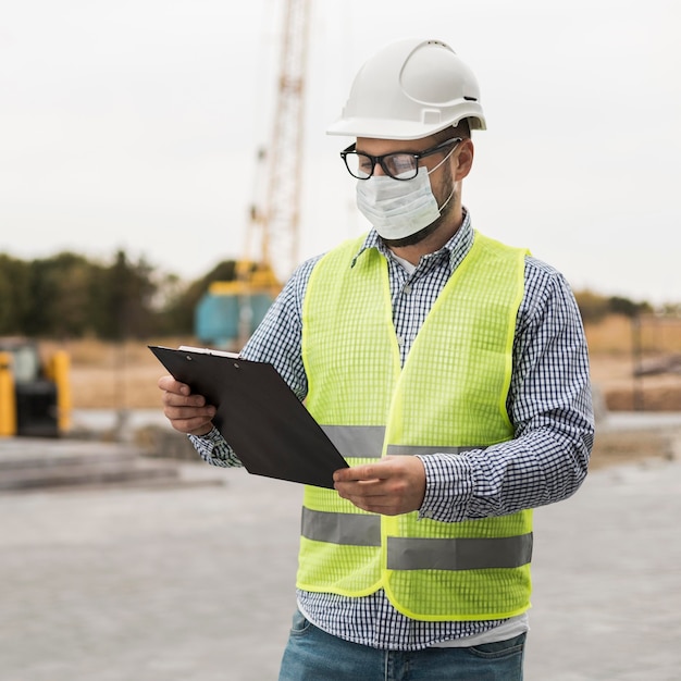 Homem construtor usando máscara de proteção