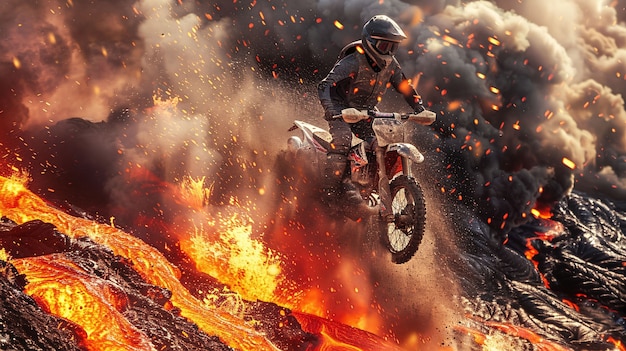 Foto grátis homem correndo de bicicleta de terra em ambiente de fantasia