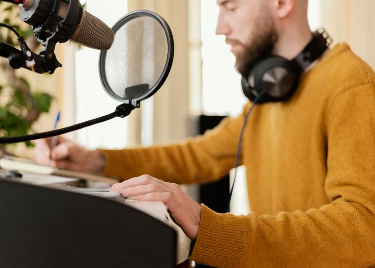Foto grátis homem criativo praticando uma música em casa