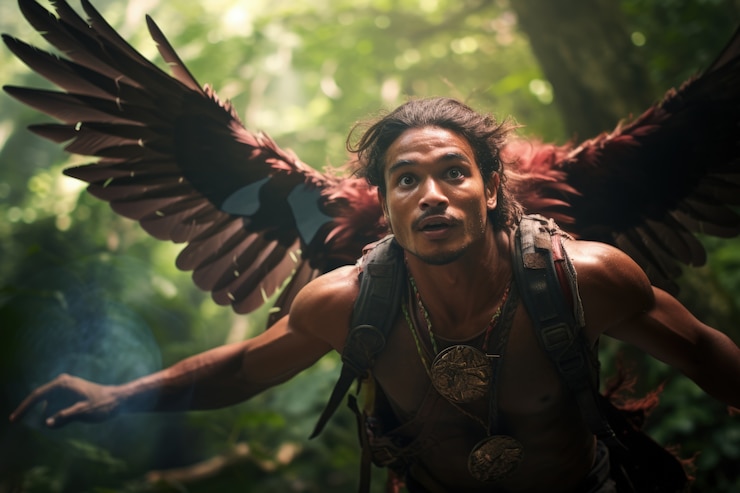 Foto grátis homem de ângulo baixo com asas voando
