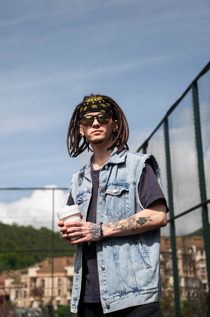Foto grátis homem de baixo ângulo com dreadlocks afro posando