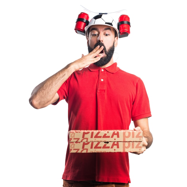 Homem de entrega de pizza fazendo um gesto de surpresa