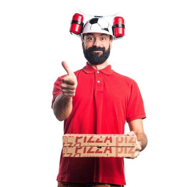 Foto grátis homem de entrega de pizza fazendo um gesto de vitória