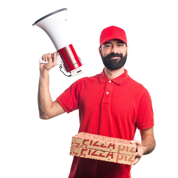 Foto grátis homem de entrega de pizza gritando por megafone
