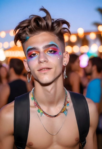 Foto grátis homem de frente com look de festival e maquiagem