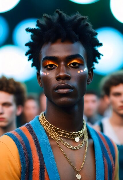 Homem de frente com look de festival e maquiagem