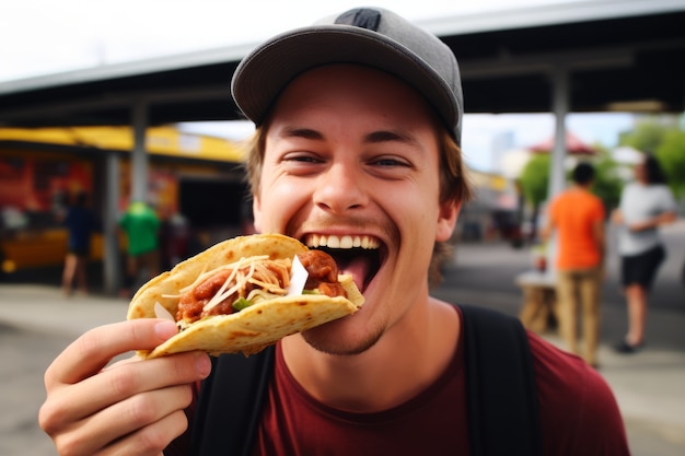 Homem de frente com um delicioso taco