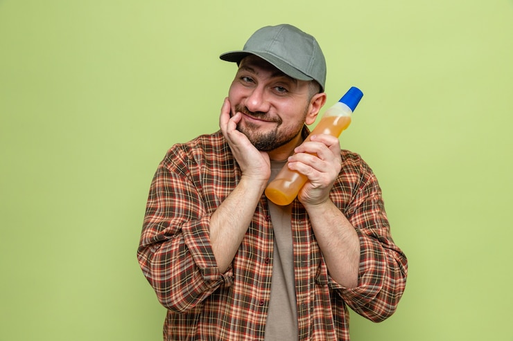 Foto grátis homem de limpeza satisfeito segurando detergente para louça