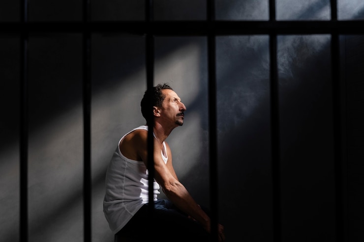 Foto grátis homem de meia-idade a passar tempo na prisão.