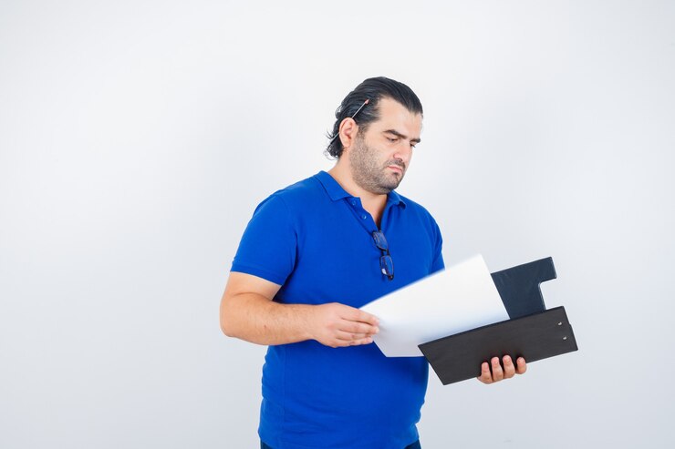 Foto grátis homem de meia idade olhando documentos na área de transferência em t-shirt polo e parecendo focado. vista frontal.