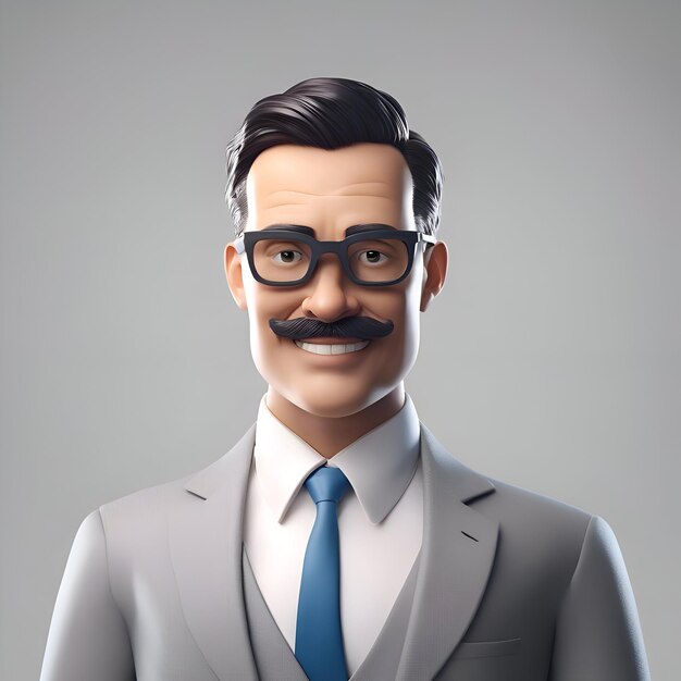 Homem de negócios com bigode e óculos renderização 3D