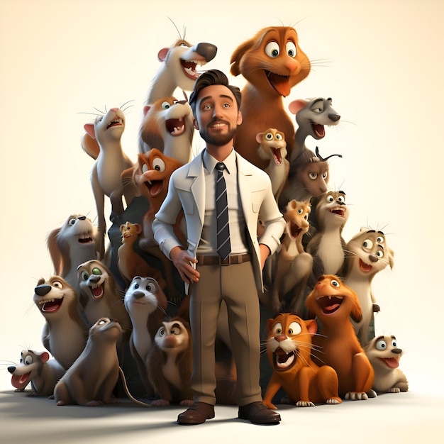Homem de negócios com um grupo de animais Estúdio de ilustração 3D