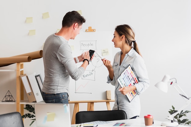 Homem de negócios e mulher olhando para um diagrama da empresa