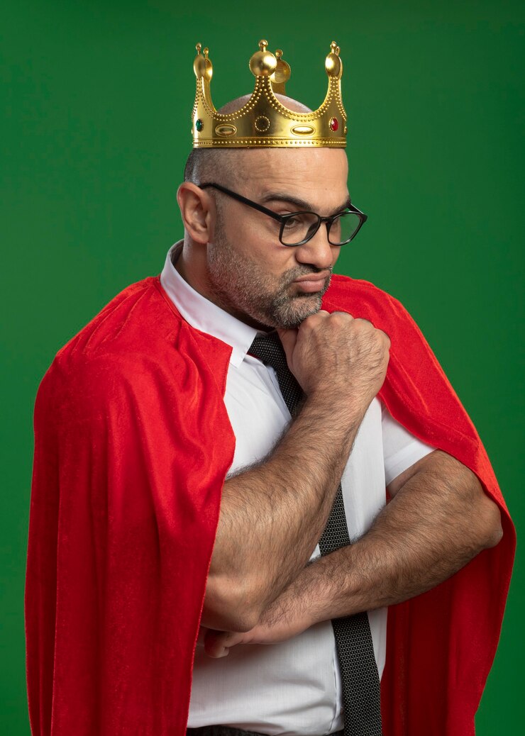 Foto grátis homem de negócios super-herói com capa vermelha e óculos usando coroa, olhando para baixo com a mão no queixo e expressão confiante e séria pensando