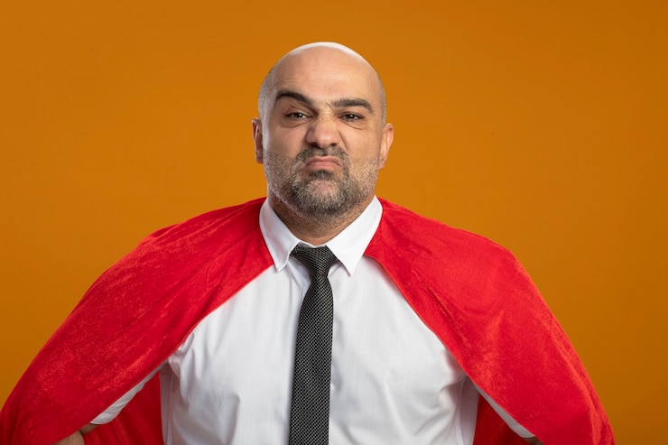 Foto grátis homem de negócios super-herói com capa vermelha olhando para a frente e descontente em pé em frente à parede laranja