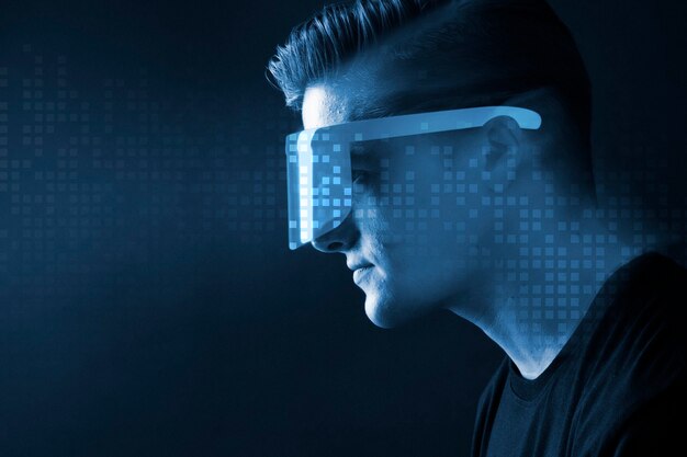 Homem de óculos realidade aumentada azul