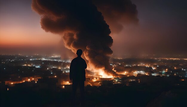Homem de pé no topo de uma colina e olhando para uma enorme fumaça saindo de um edifício em chamas