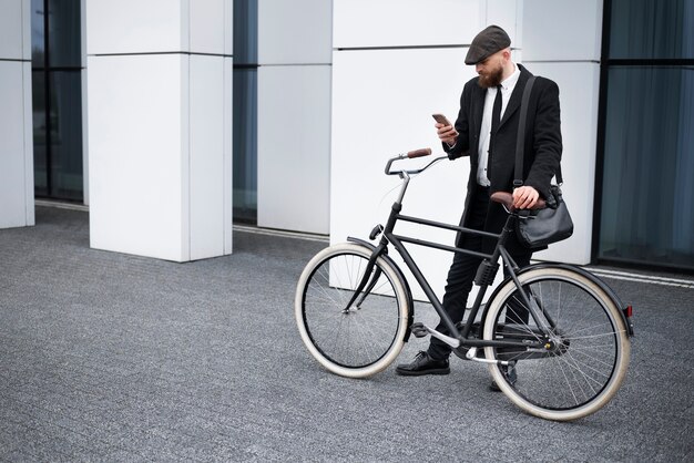 Homem de tiro completo em pé perto de bicicleta