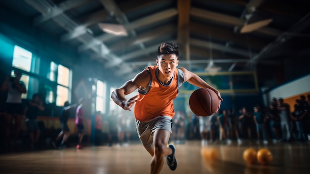 Foto grátis homem de tiro completo jogando basquete